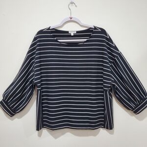 REITMANS Signature Nautical Black/White Striped Boatneck Blouse Balloon Slv  XL